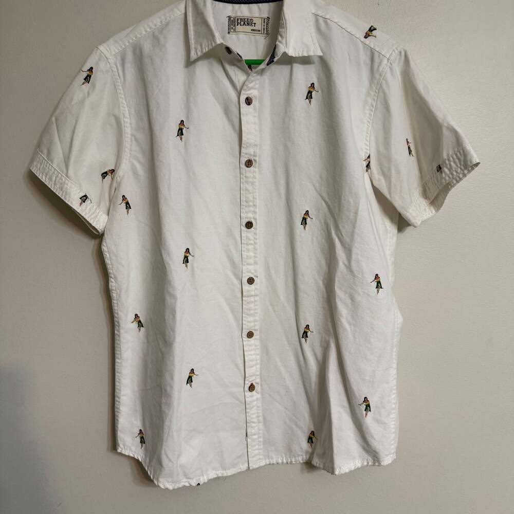FREE‎ PLANET Men's Blue Hula Girl Print Button Down Shirt